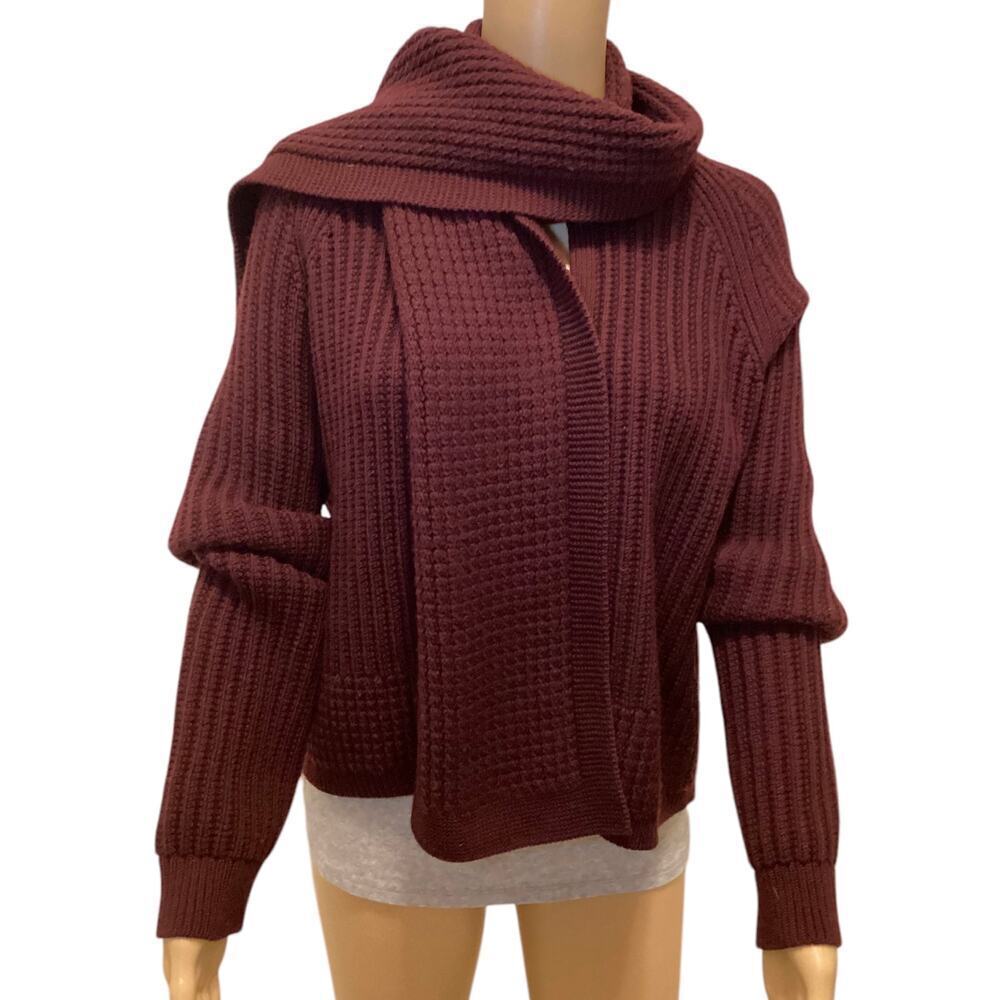 Scarf knit Cardigan 100% wool Medium maroon
